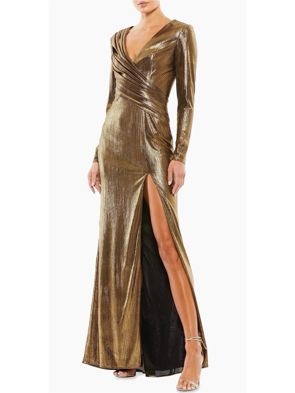 IEENA for Mac Duggal Metallic Long Sleeve Asymmetrical Ruched Gown Gold Size 12